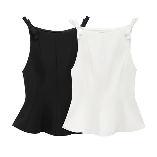 Women's 2025 new fashion bow decoration slim short skirt style hem top retro sleeveless side zipper women's vest chic top