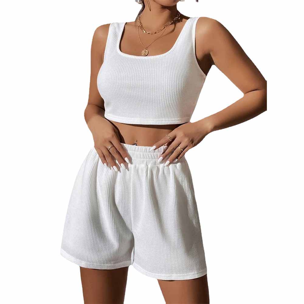 Women's new fashion knitted sleeveless short vest casual solid color elastic waist loose shorts fashion suit