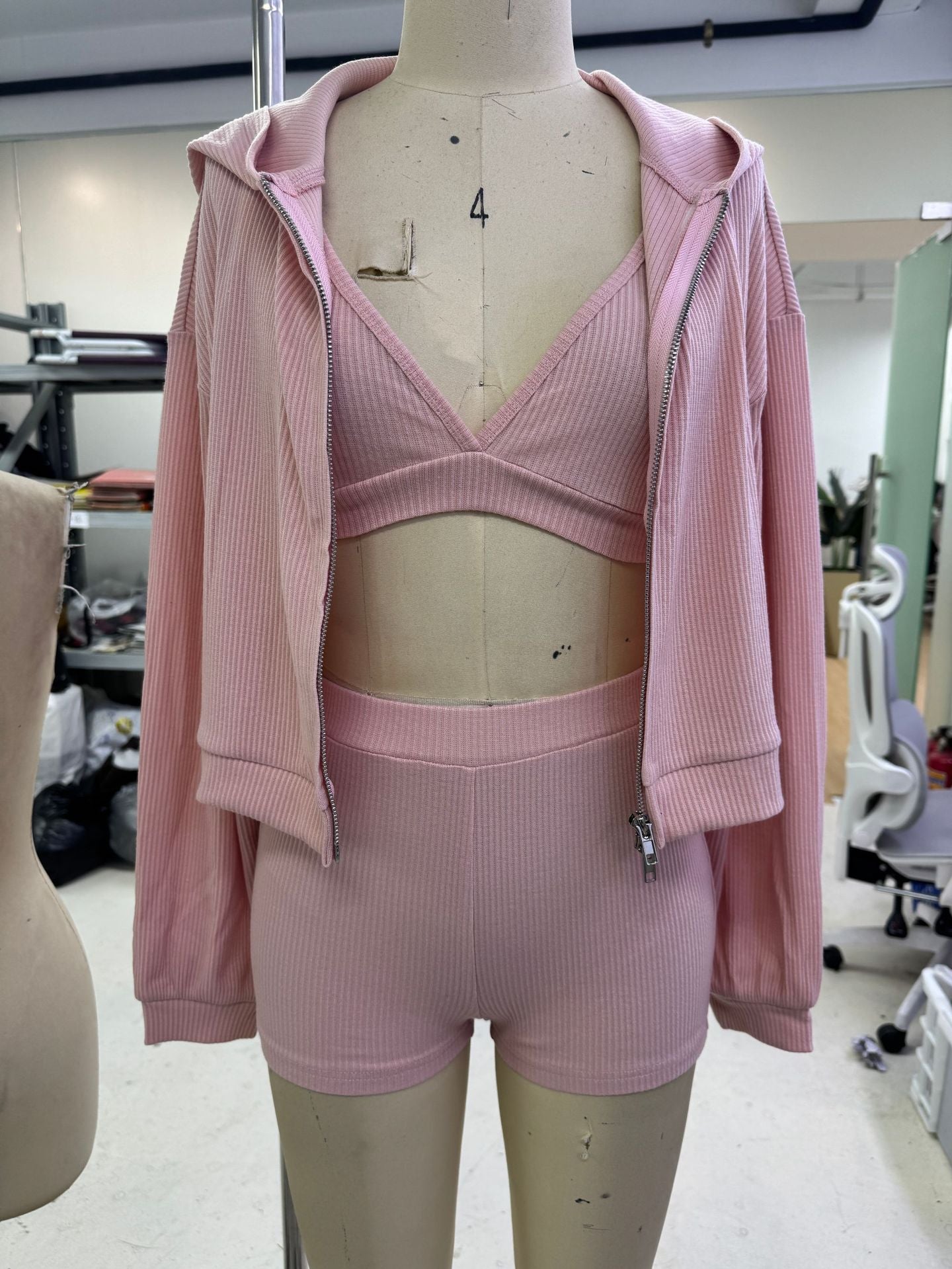Women's Yoga Sportswear Knitted Zipper Hooded Cardigan Sweater V-neck Triangle Cup Bra High Waist Tight Shorts Casual Three-piece Suit