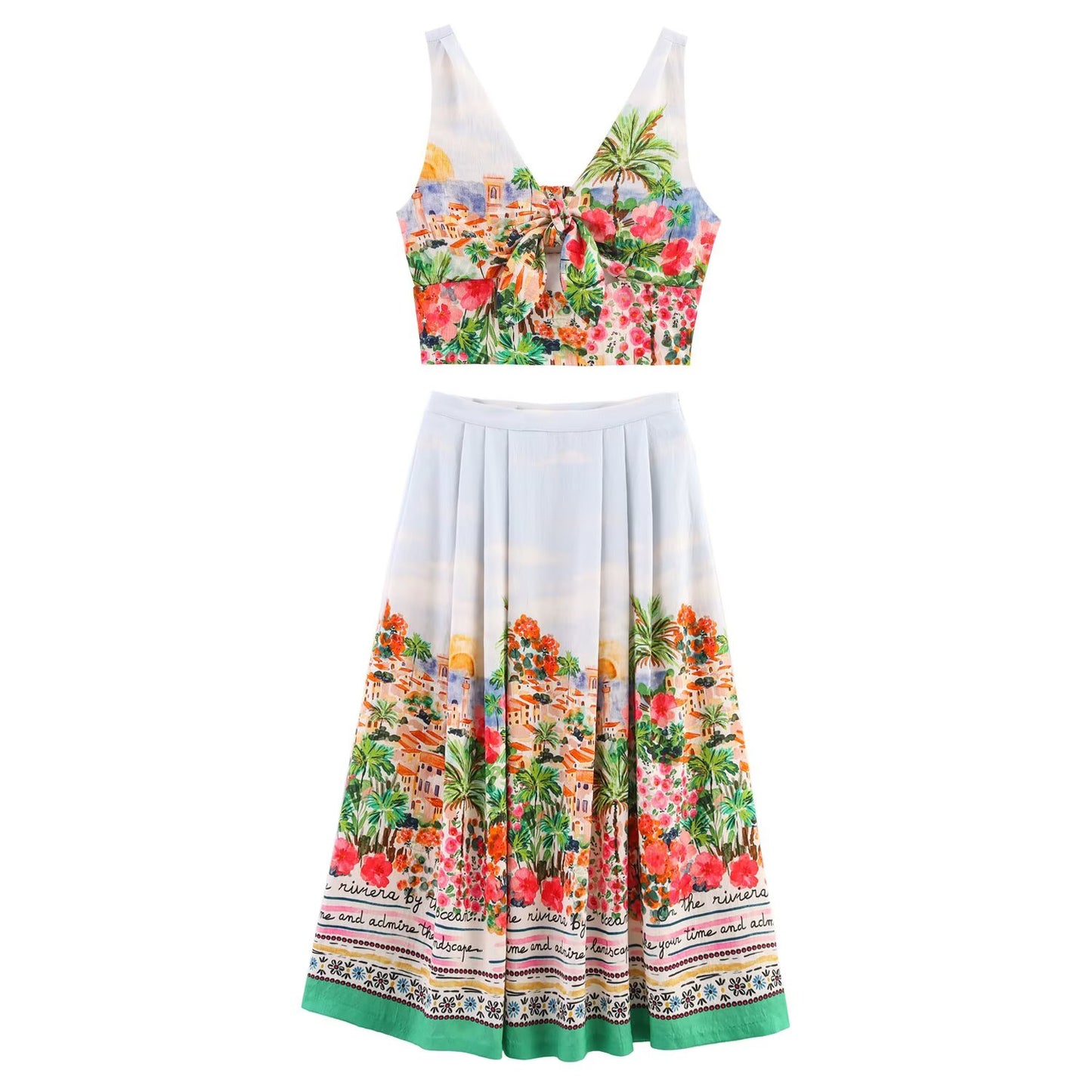 suit Women's 2 pieces new fashion bow decoration short printed top+Skirts suit