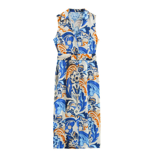 Women's new chic fashion With Belt slim single breasted printed shirt style MIDI dress retro sleeveless women's dress