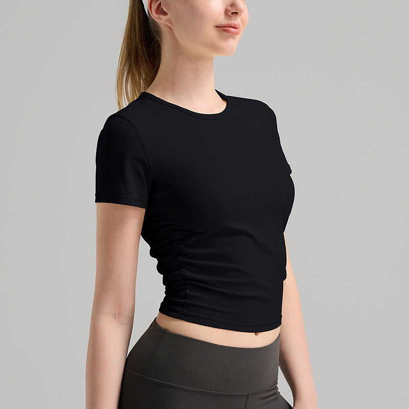 LU Women's 2025 New Fashion Rib Yoga Short-sleeved Quick-drying Breathable Top with Pleats on Both Sides Designed for Running T-shirt.