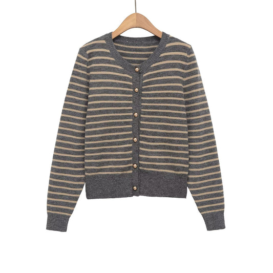 Women's soft textured O Neck striped knitted Coat