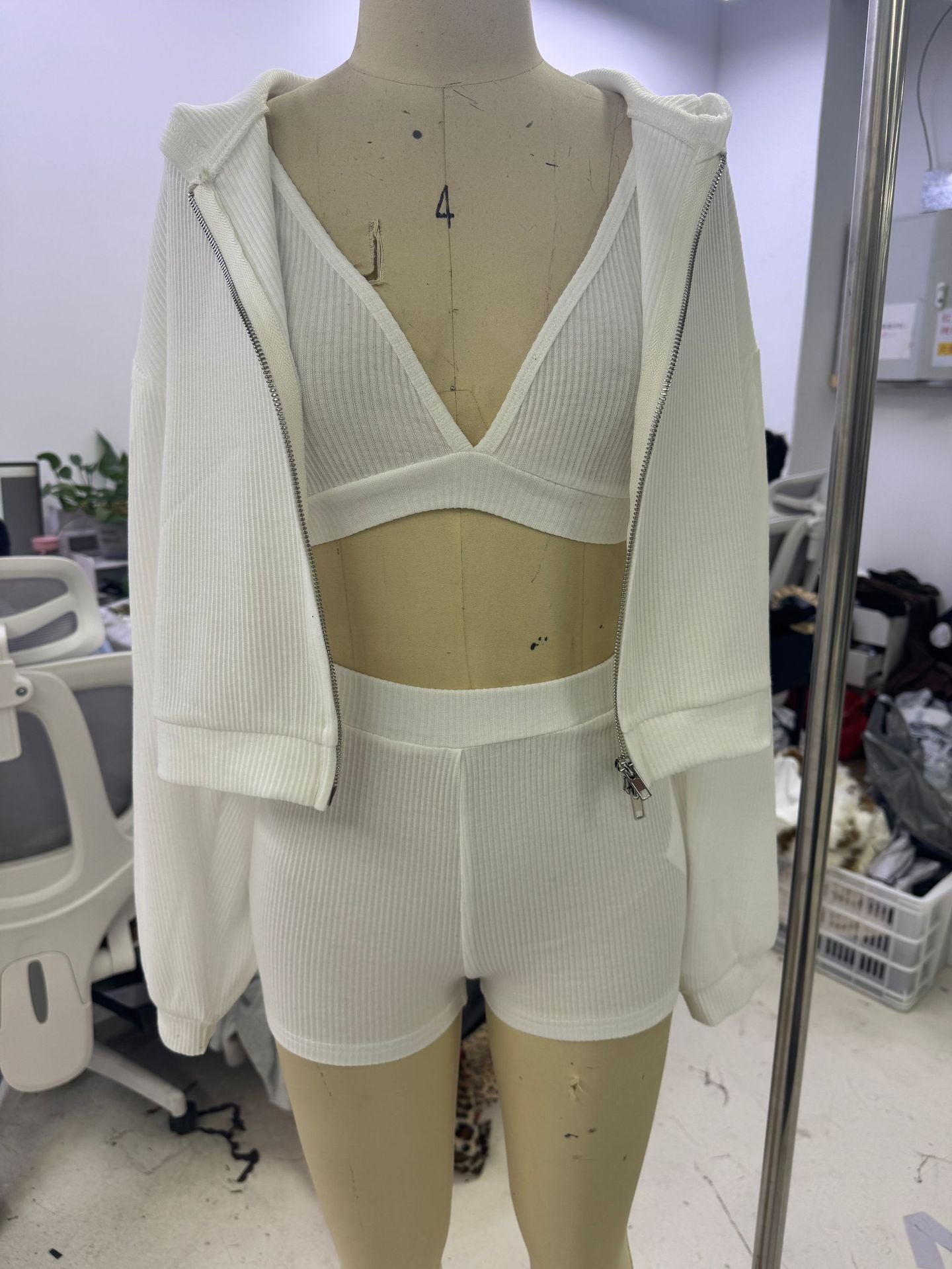Women's Yoga Sportswear Knitted Zipper Hooded Cardigan Sweater V-neck Triangle Cup Bra High Waist Tight Shorts Casual Three-piece Suit