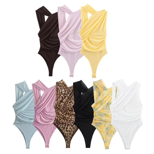 Women's 2025 new fashion tight pleated Printed tulle bodysuit