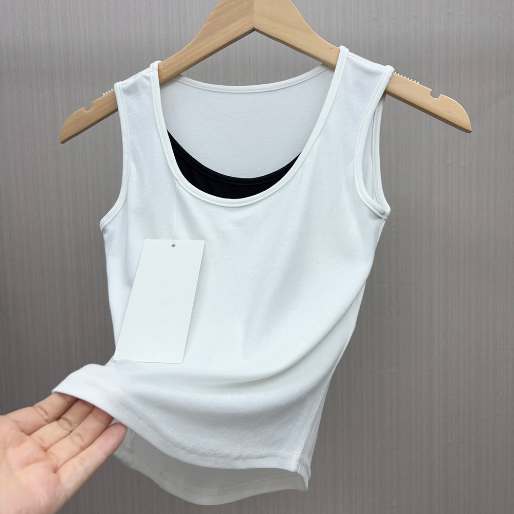 LU Women's New Fashion Casual Joker with Chest Pad One-piece Fixed Cup Bra Top Fake Two-piece Underwear Bottoming Vest.