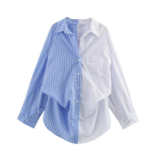 Women's new fashion pocket decoration loose splicing striped women's shirt retro long sleeved button up women's shirt chic top