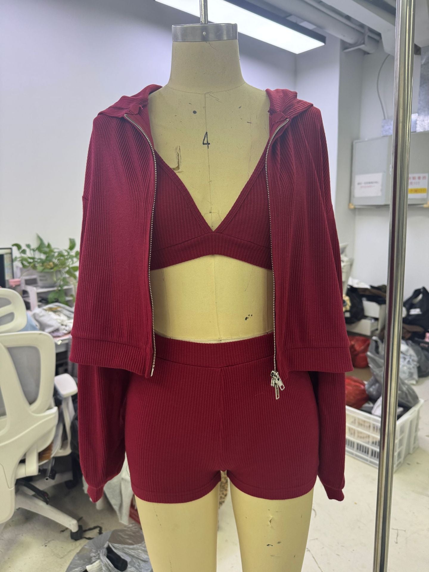 Women's Yoga Sportswear Knitted Zipper Hooded Cardigan Sweater V-neck Triangle Cup Bra High Waist Tight Shorts Casual Three-piece Suit