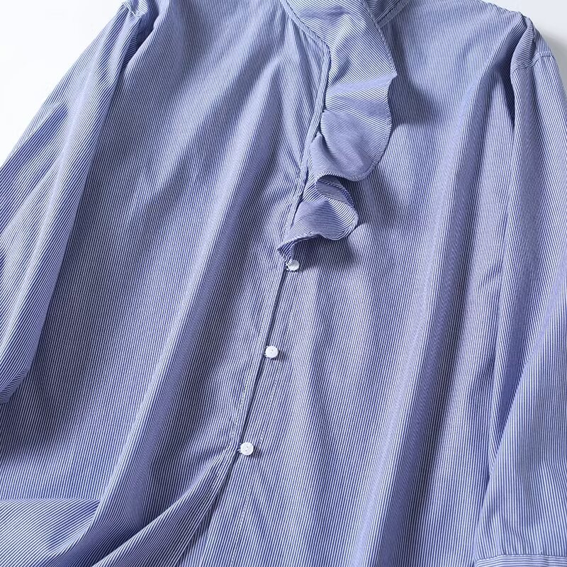 Women's ruffled high neck cotton striped shirt