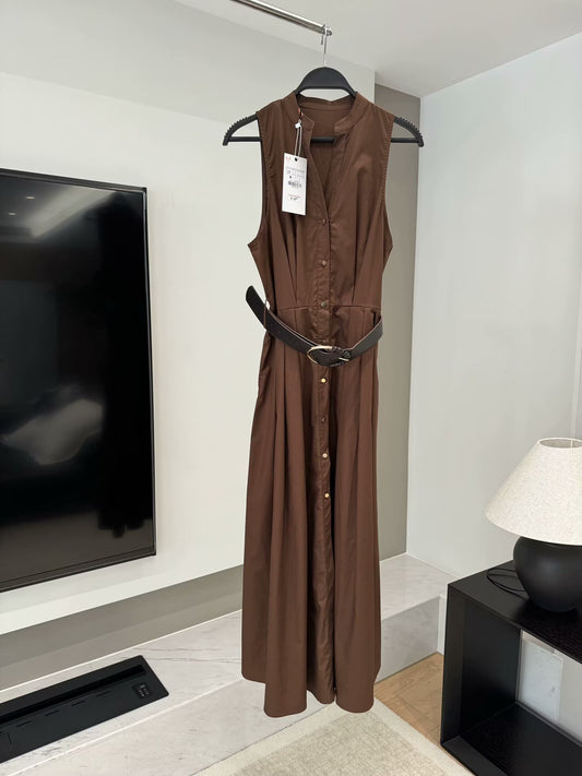 Women's 2025 chic fashion with belt midi dress retro women's dress