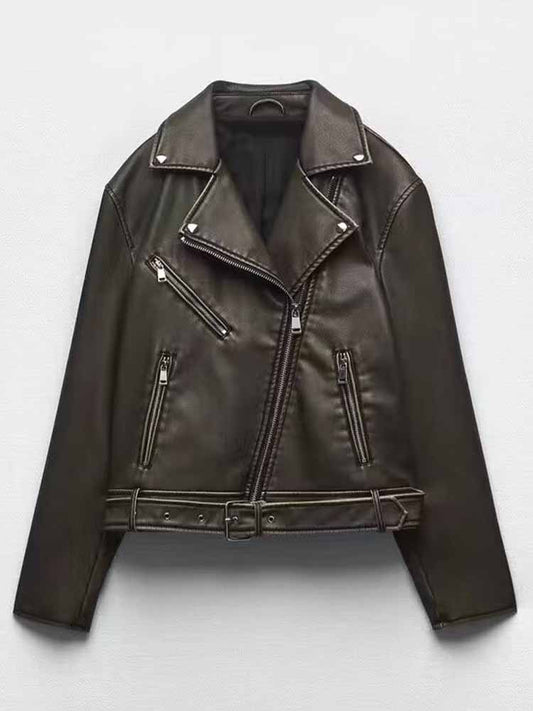 Women's 2025 new Fashion belt decoration casual versatile imitation leather jacket coat retro long sleeved zipper pocket women's coat chic top