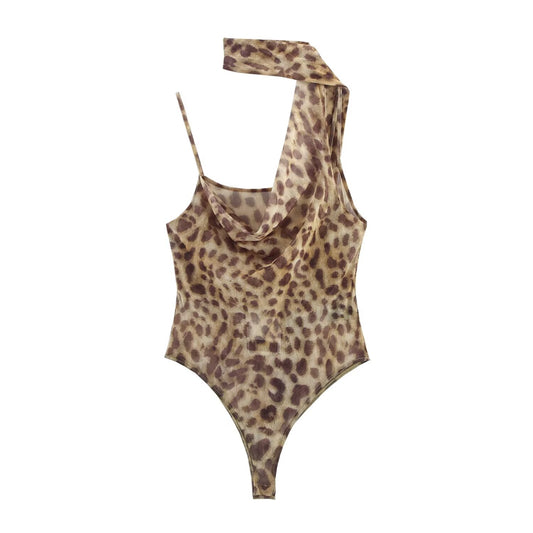 Women's new chic Fashion scarf decoration tight printed tulle suspender bodysuit retro sleeveless backless women's bodysuit