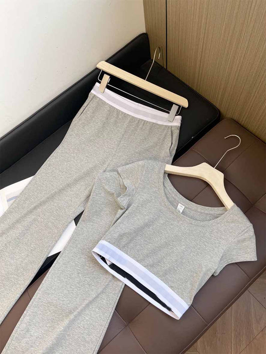 Women's String Ribbon Round Neck Short T-shirt+high Waist Micro-pants Two-piece Suit