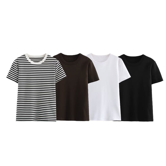 Women's 2025 new fashion slim casual striped T-shirt multi-color basic style O Neck T-shirt top retro short sleeved women's T-shirt chic top