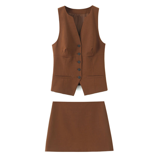Women's new fashion pocket decoration casual slim single breasted V Neck vest retro women's vest chic top+Skirts Women's suit