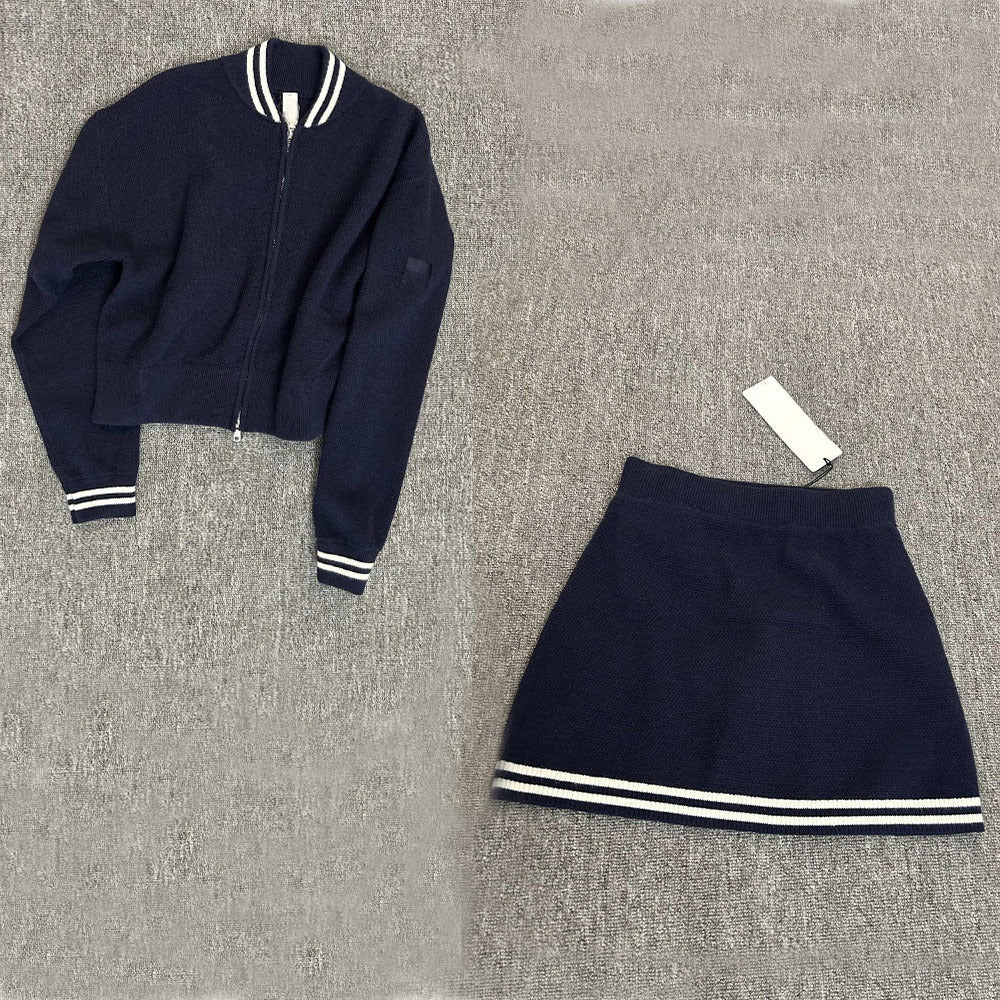 Women's new versatile contrast color baseball collar long sleeve show skirt suit