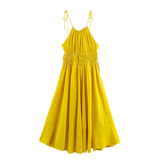 Women's' new fashion wide pleated linen blended suspender MIDI dress