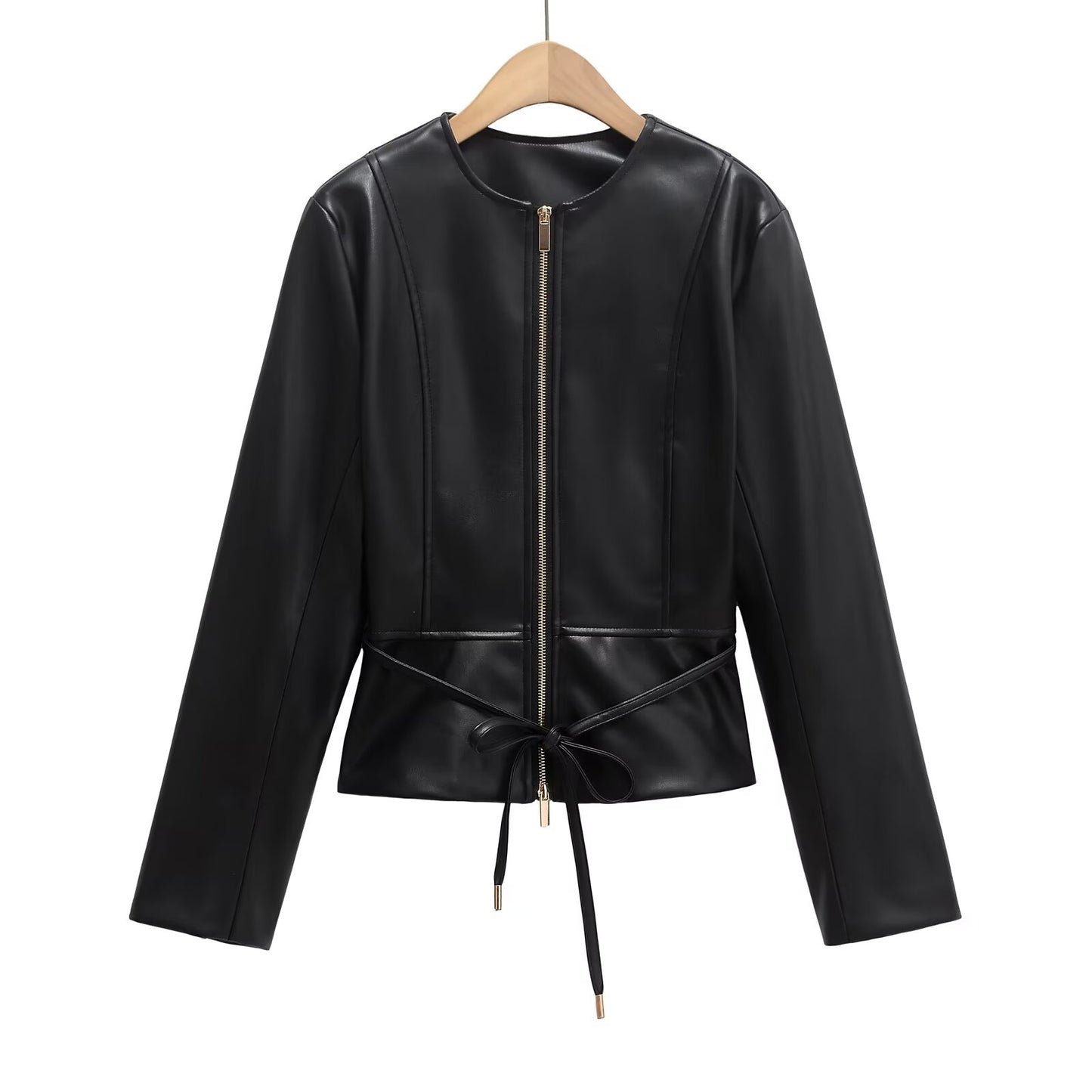 Women's with Belt O Neck zipper Faux Leather jacket Coat