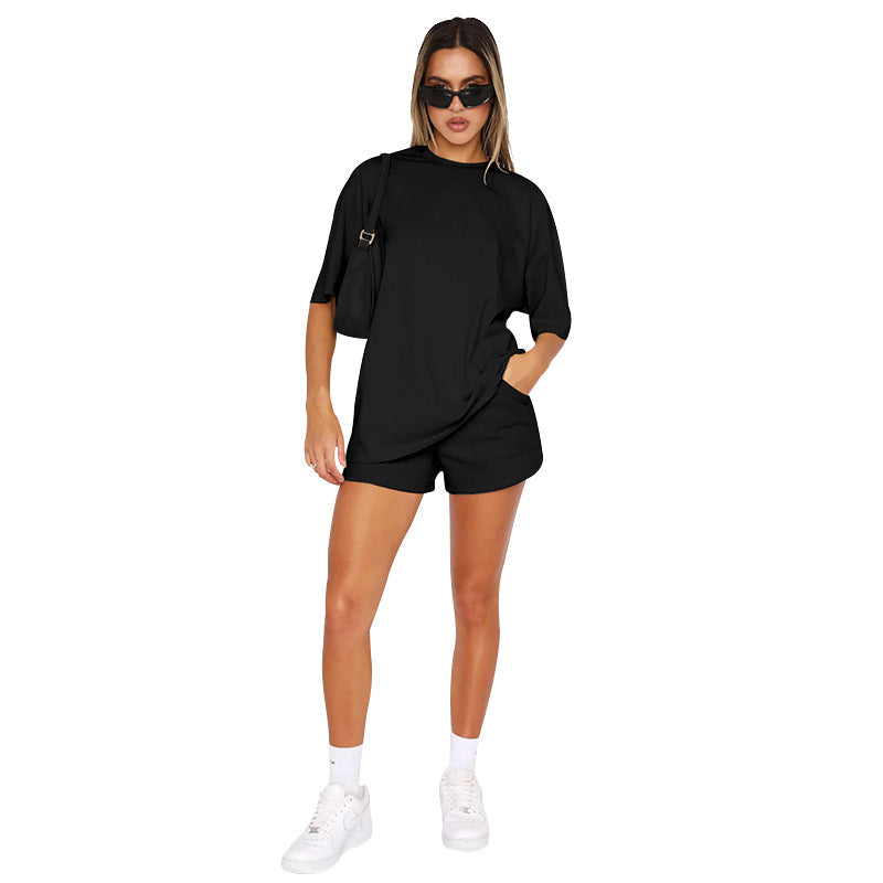 Women's Summer New Wild Polyester-cotton Solid Color Round Neck Sleeve Top Casual Shorts Suit