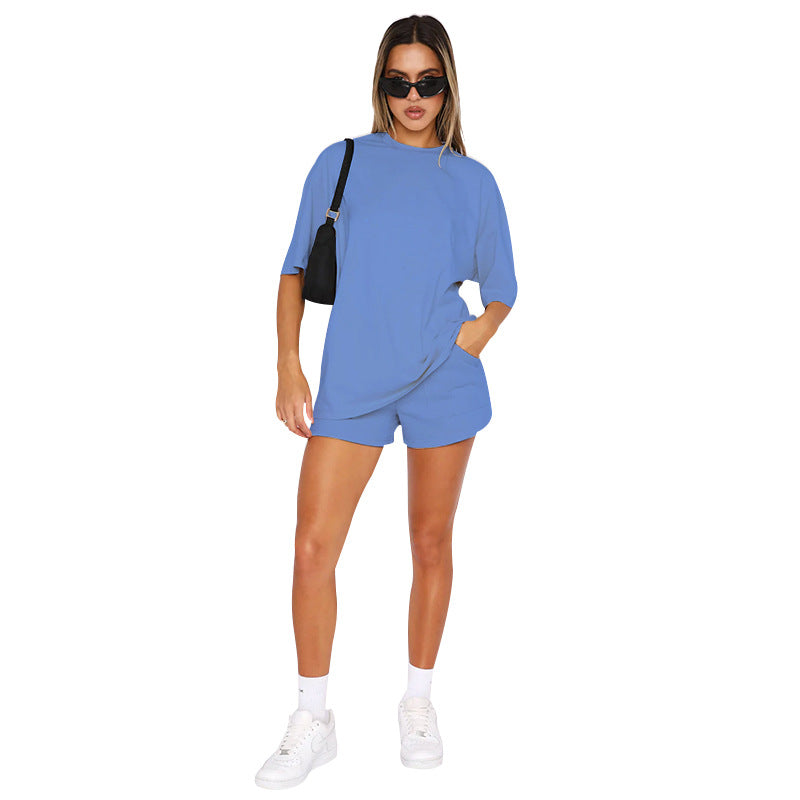 Women's Summer New Wild Polyester-cotton Solid Color Round Neck Sleeve Top Casual Shorts Suit