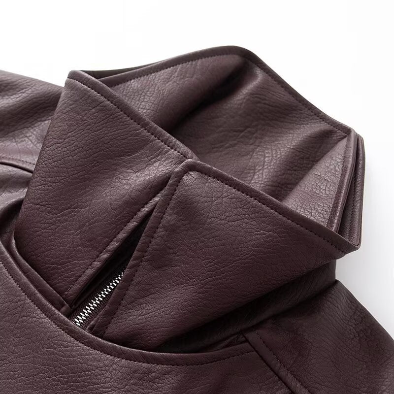 Women's with Belt loose zipper imitation leather jacket Coat
