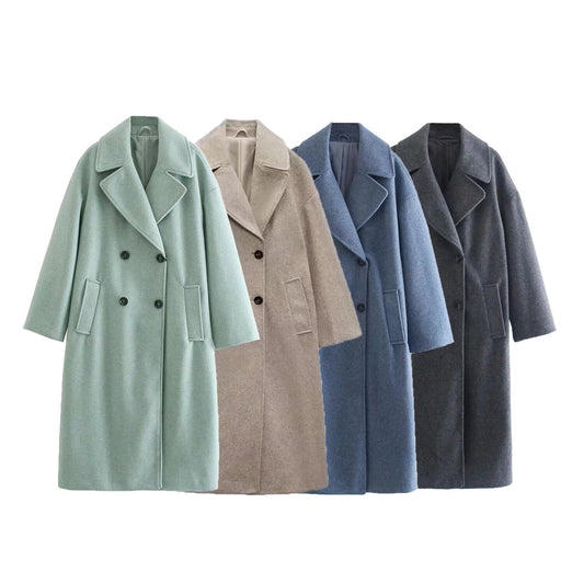 Women's New Fashion Joker Temperament Loose Version Double-breasted Long Coat Retro Long Sleeve Button Chic Coat.