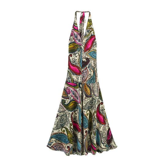 Women's new chic Fashion slim draped print hanging neck MIDI dress retro sleeveless backless women's dress