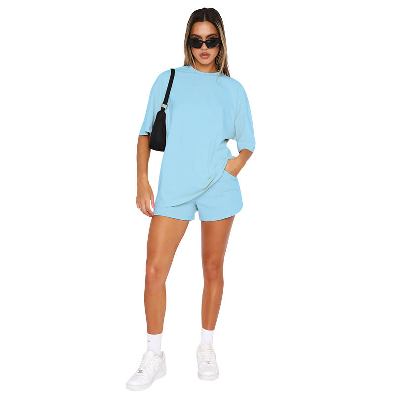 Women's Summer New Wild Polyester-cotton Solid Color Round Neck Sleeve Top Casual Shorts Suit