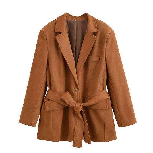 Women's 2025 new fashion with Belt loose suede suit jacket