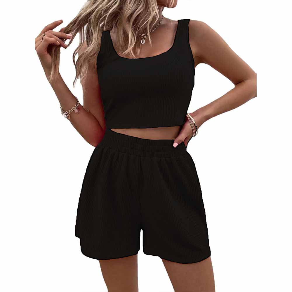 Women's new fashion knitted sleeveless short vest casual solid color elastic waist loose shorts fashion suit