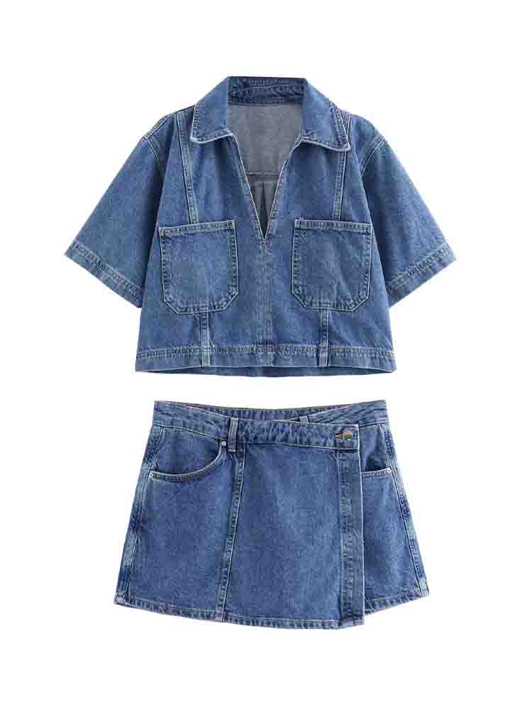 Ladies' new fashion casual short denim shirt retro short sleeved women's shirt chic top+Shorts Skirts Women's suit
