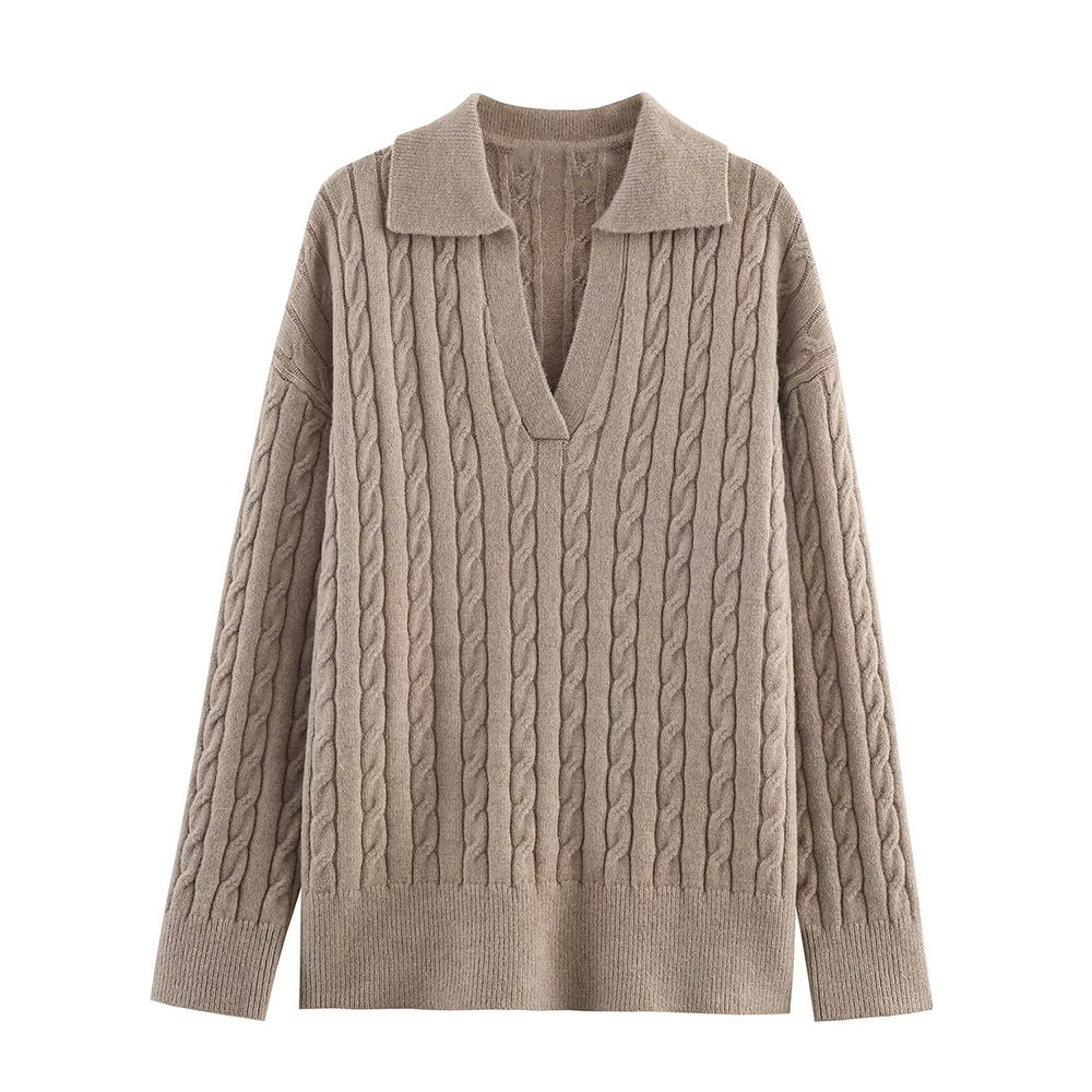 Women's loose soft textured polo shirt collar knit sweater