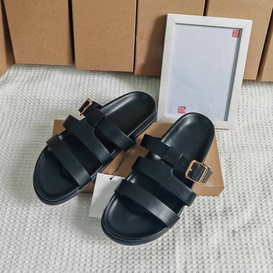 Women's New Fashion Casual Joker Flat Shoes with Leather Sandals and Metal Buckles Women's Flat Sandals and Slippers.