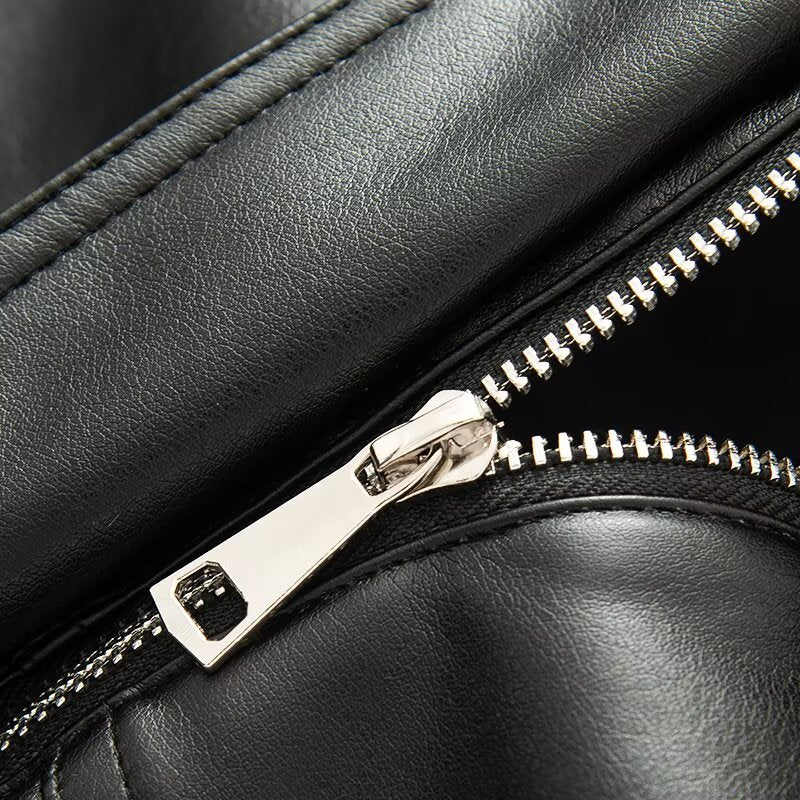 Women's black detachable faux Leather fur collar jacket Coat