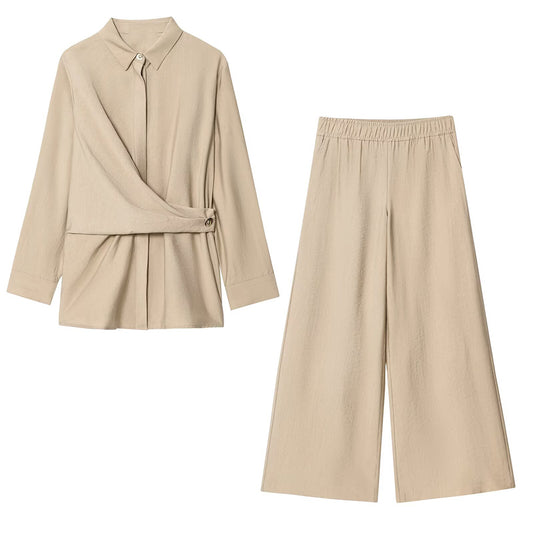 Women's new fashion gold button decoration casual pleated shirt+Pants suit