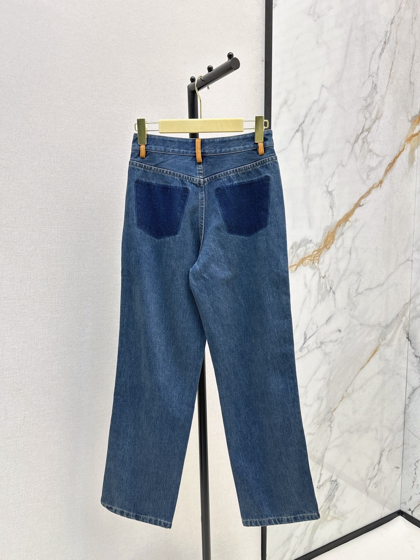 Women's split leather decorative denim fabric off-the-shoulder jacket coat+trousers