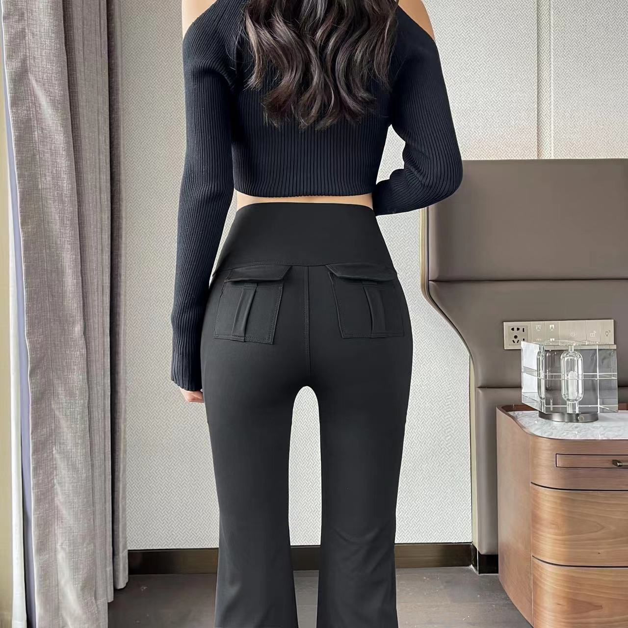 LU Women's new tooling back pocket micro-bell pants wearing shark skin high waist belly shark pants casual pants slightly.