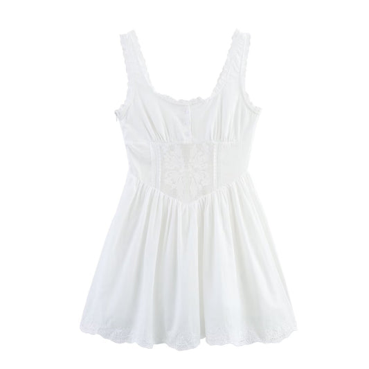 Ladies' New Fashion Embroidered Lace Decoration Slim Wide Shoulder Strap Mini Dress