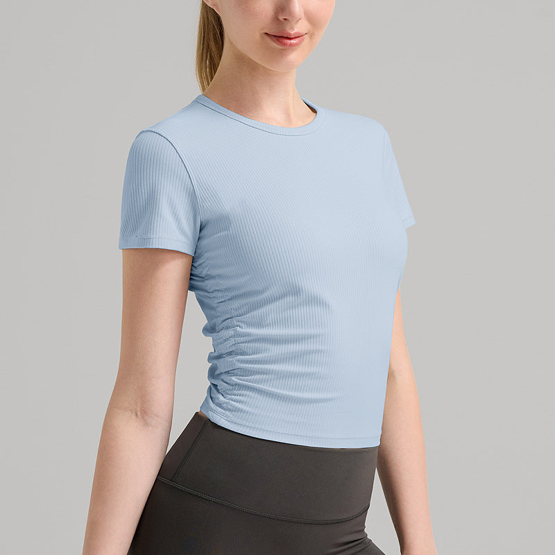 LU Women's 2025 New Fashion Rib Yoga Short-sleeved Quick-drying Breathable Top with Pleats on Both Sides Designed for Running T-shirt.