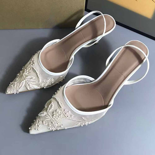 Women's Shoes New White Embroidered Mesh Stilettos Pointed Shallow Sandals Women