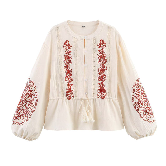 Ladies' 2025 new fashion loose lace up casual long sleeved embroidered shirt