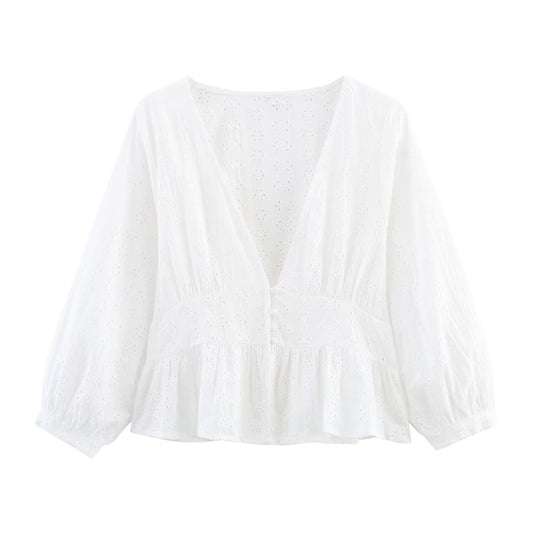 Women's hollowed out embroidered V-neck shirt