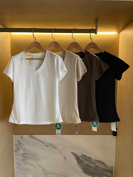 Women's New Casual Joker Four-color V-neck Short-sleeved T-shirt