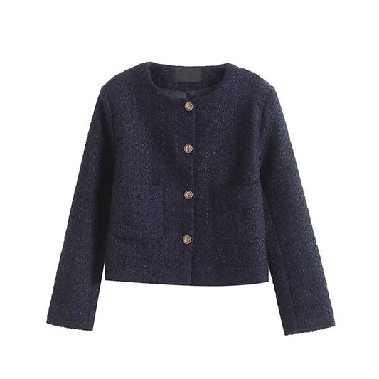 Women's gold button decoration short O Neck textured Coat