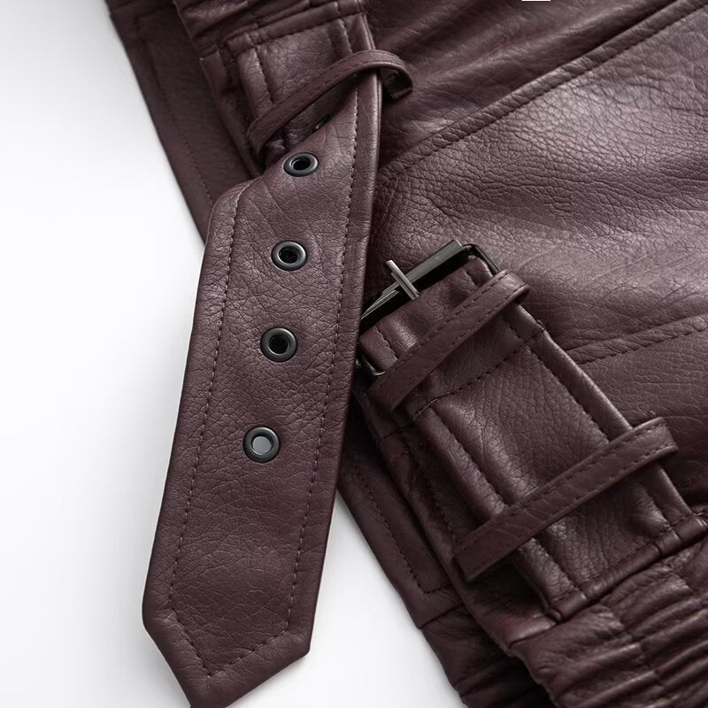 Women's with Belt loose zipper imitation leather jacket Coat