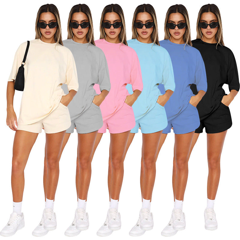 Women's Summer New Wild Polyester-cotton Solid Color Round Neck Sleeve Top Casual Shorts Suit