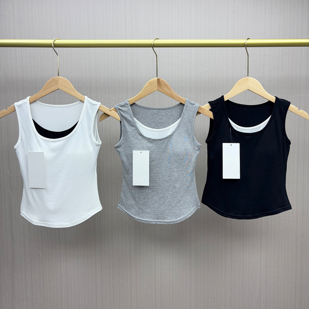 LU Women's New Fashion Casual Joker with Chest Pad One-piece Fixed Cup Bra Top Fake Two-piece Underwear Bottoming Vest.