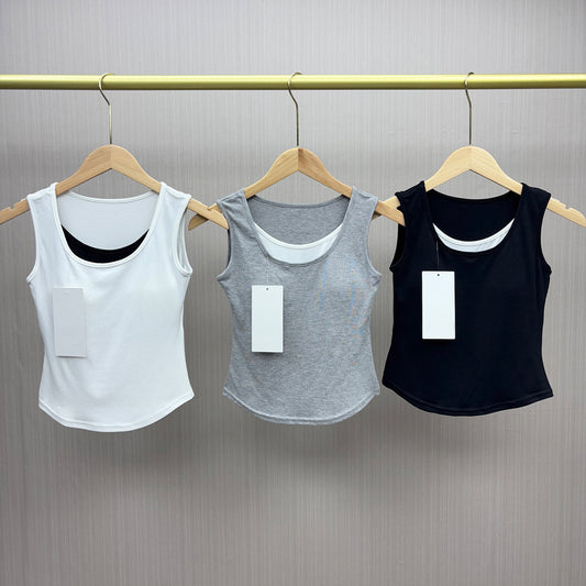 LU Women's New Fashion Casual Joker with Chest Pad One-piece Fixed Cup Bra Top Fake Two-piece Underwear Bottoming Vest.