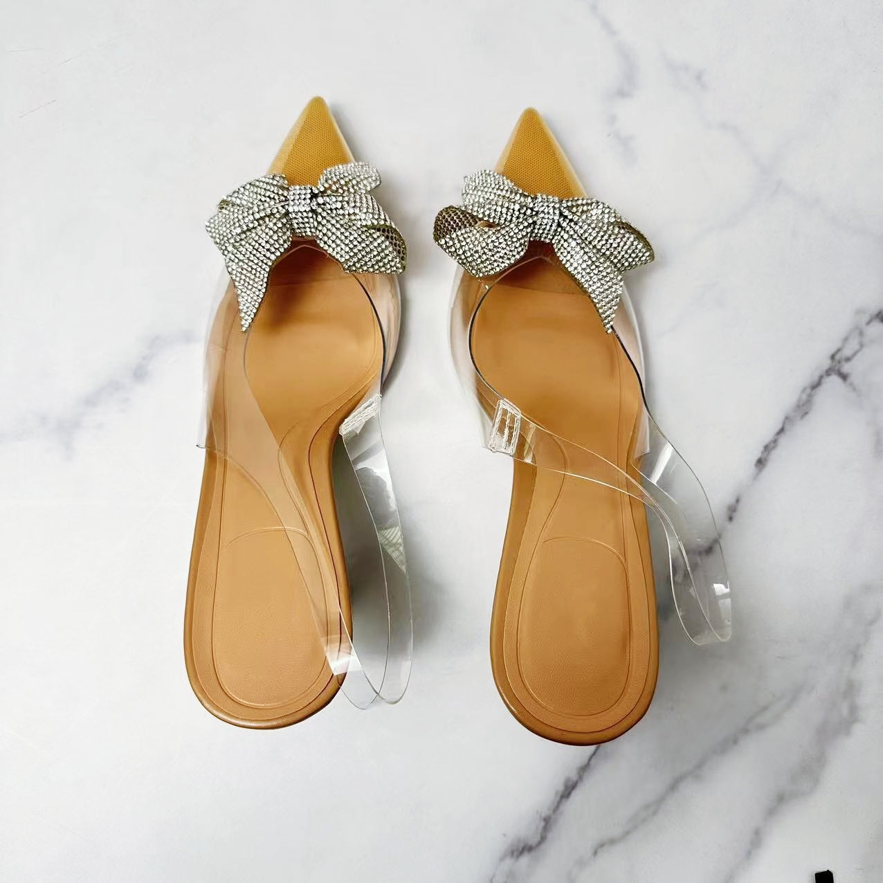 Women's New Fashion Joker Pointed Rhinestone Bow Transparent High-heeled Shoes Stiletto Heel Strap Women's Sandals