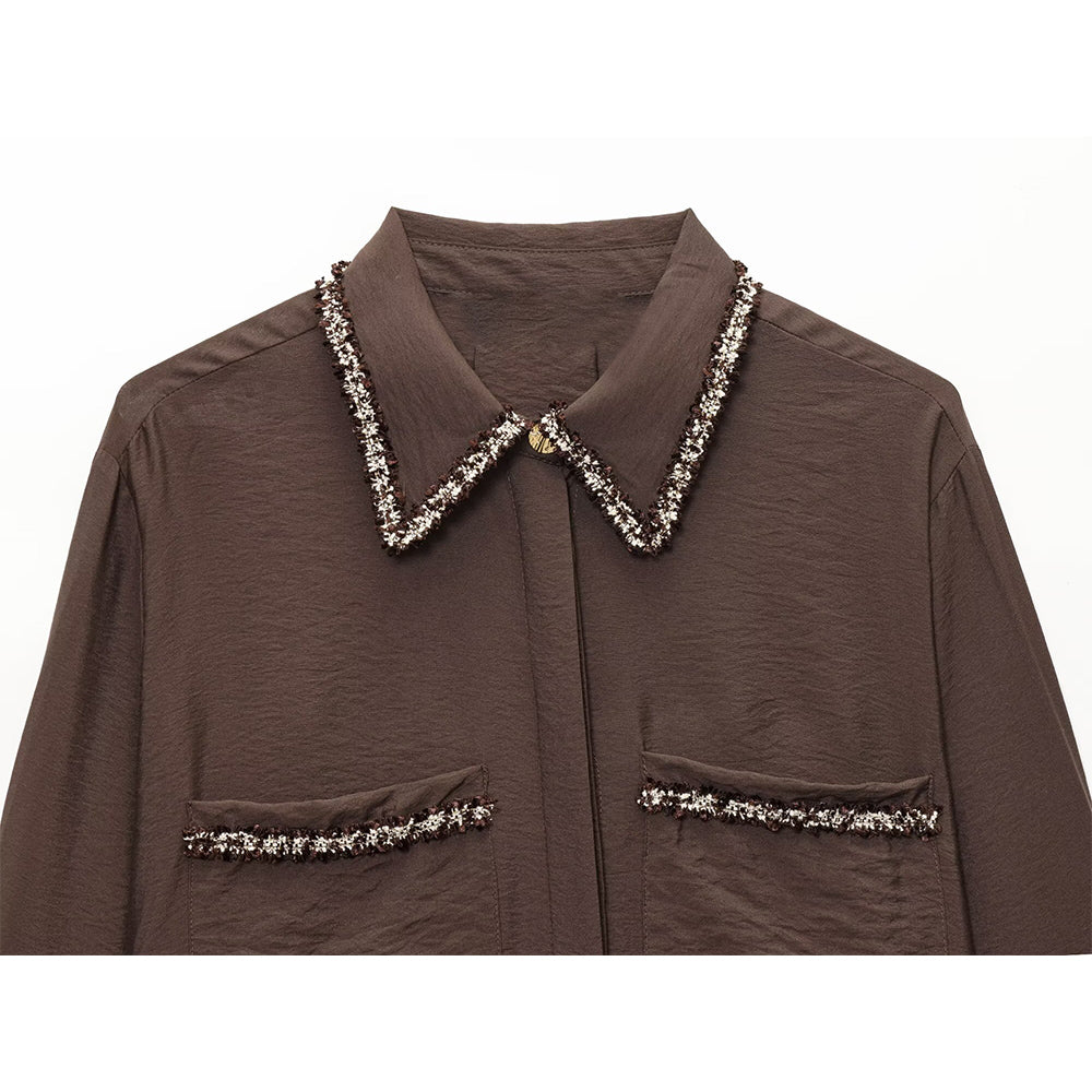 Women's loose patchwork lapel long sleeved shirt